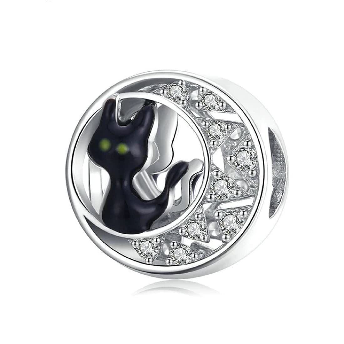 FeatherWish Lucky Black Cat Moon Charm 925 Sterling Silver Kitten Pet Family Love Best Friend Bead Fits And Compatible With Pandora Bracelets Gift Friend Wife Daughter Friend (Black Cat)