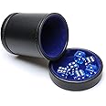 RERIVER PU Leather Dice Cup with Lid, Blue Velvet Interior Quiet Dice Shaker Cup Including 6 BlueTranslucent Dice for Liars Dice/Farkle/Yahtzee Games, 1 Pack