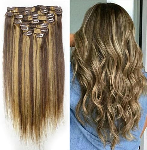 Luwigs Piano Color #4 Medium Brown and #27 Honey Blonde Real Human Hair Clip in Extensions 14 inches 120g Silky Straight Clip in Extensions for Full Head 8Pcs
