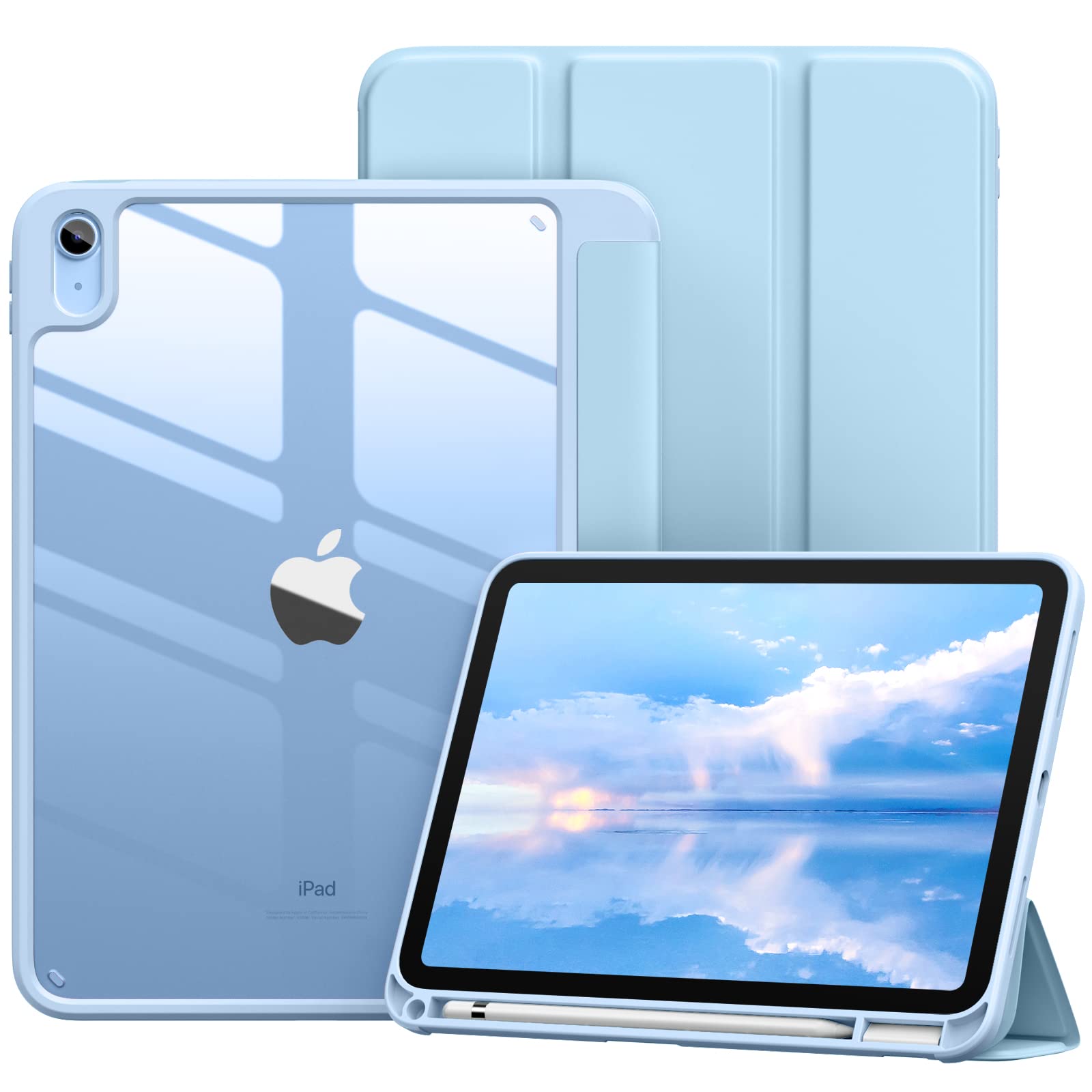 Vobafe Case for iPad (A16) 11th Generation 11 Inch 2025/iPad 10th Generation 10.9 Inch 2022 with Pencil Holder, PC Clear Back Cover, Slim Trifold Stand Case Supports Auto Wake/Sleep, LightBlue — image 1