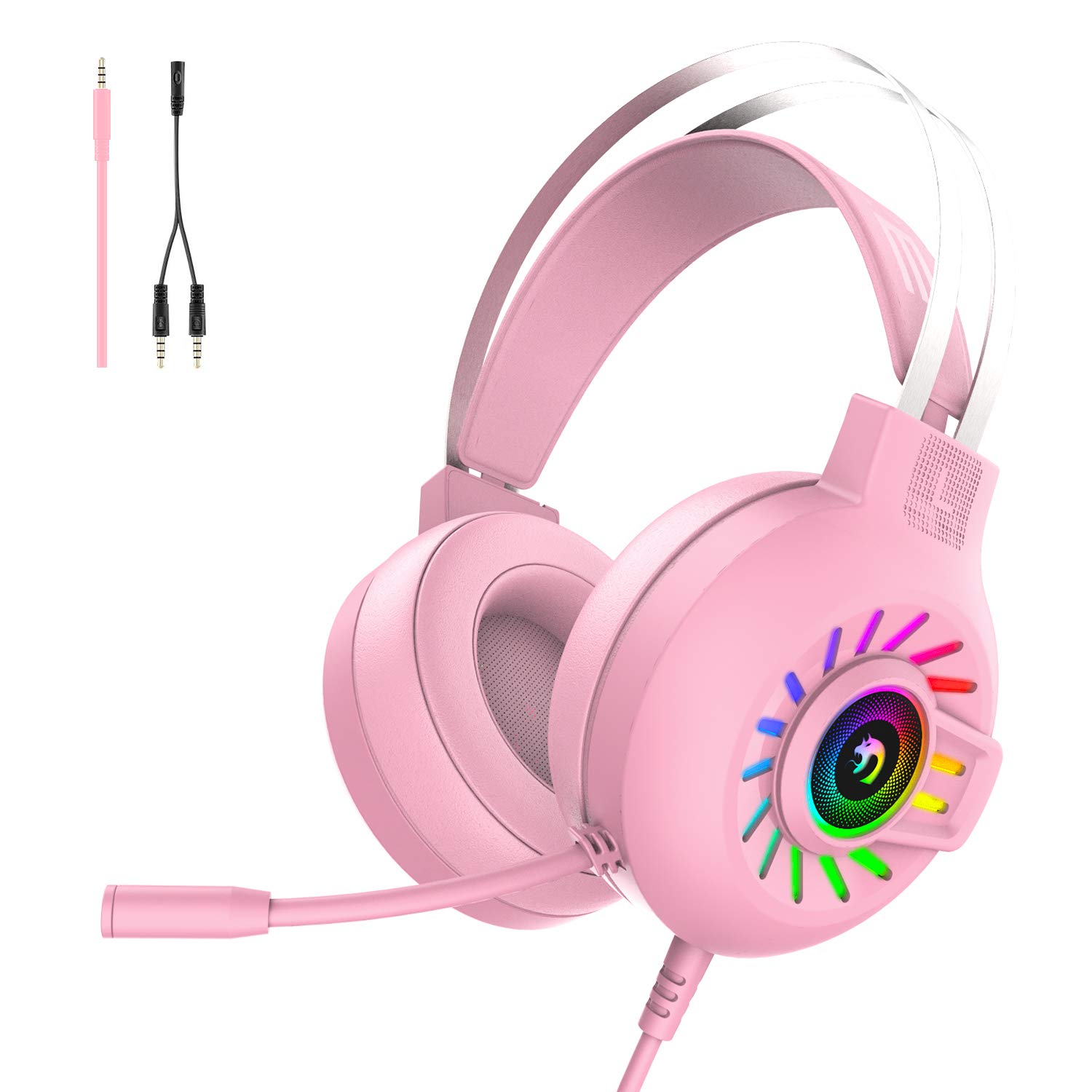 Hoopond G29 Pink PC Gaming Headset for PC, PS4, PS5, Xbox one, Switch,Smart Phones, 3.5mm Wired Over-Ear Headphones with Noise Cancelling Microphone, Soft Memory Earmuffs with RGB LED Light