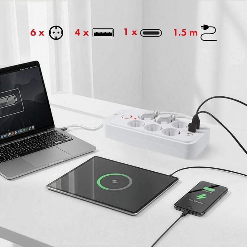 MCE389/391 Multiprise | 6 Prises 4xUSB 1xUSB-C 2500W | Rallonge de Bureau avec Interrupteur | Ports 45° | Montage Mural (Blanc, 1,5m)