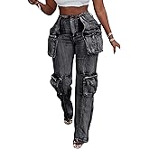 LKOUS Womens Casual High Waisted Cargo Jeans Baggy Stretchy Zip Side Slit Denim Pants with Multi Pockets