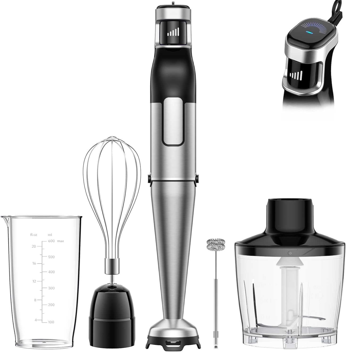 BESROY Stabmixer Set 5 in 1, 1100W Pürierstab Elektrisch, Stufenlose Geschwindigkeit, Edelstahl Hand Blender inkl. Zerkleinerer, Schneebesen, Milchaufschäumer & Messbecher, Ideal für Suppen, Smoothies