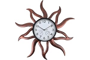 HOBYLUBY Large Outdoor Clock, Sun Outdoor Wall Clock with Thermometer & Humidity, Silent Non-Ticking Outside Clock for Patio, Living Room, Kitchen(Brown)