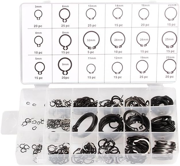 Eluck 300-Piece 18 Popular Sizes C-Clips Snap Ring Assortment Black Washer Circlip Retaining Ring Set with Divided Case