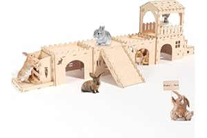 Woiworco Extra Large Wooden Rabbit Hideout, 5 Rabbit Houses Castle Bunny Hideout, Rabbit Tunnel Bunny Rabbits Play Houses, Spacious Breathable Habitats for Hamsters and Guinea Pigs Small Animals