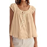 Beloyoni Womens Babydoll Tops Dressy Casual Loose Fit Flowy Shirts Cap Sleeve Tie Front Summer Pleated Blouses Work Shirt