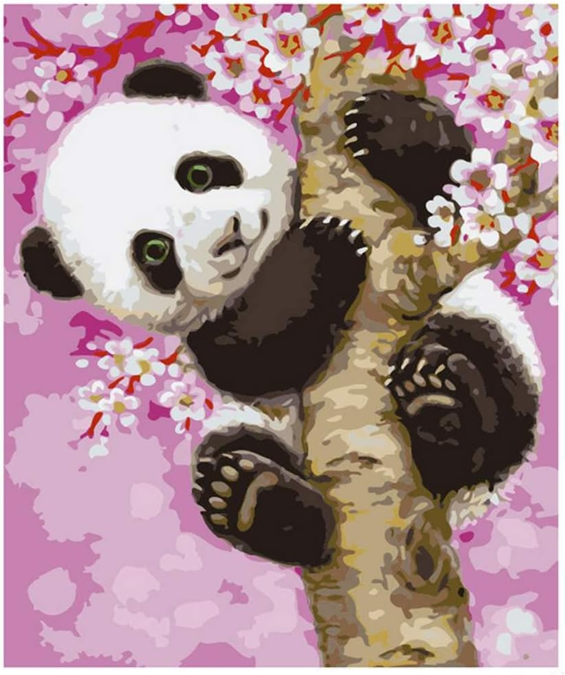 DIY Oil Painting Paint by Number Kit with Flowers Painting Life PBN Home Wall Art Decor 16x20 inch (Wooden Frame, Panda Sakura）