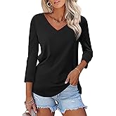 Minetom Women's V Neck 3/4 Sleeve T Shirt Solid/Color Block Casual Basic Tops Summer Tees