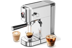 XIXUBX 20Bar Espresso Machine, Compact Espresso Maker with Milk Frother, Stainless Steel Coffee Machine for Cappuccino&Latte, 42oz Water Tank, Visible Pressure Gauge, Home&Office, Silver