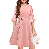 WIFFGO Girls Spring Summer Dresses Formal 2026 Fashion Belt Fit Knee High Modest Big Kids Midi Teen Dresses Outfits
