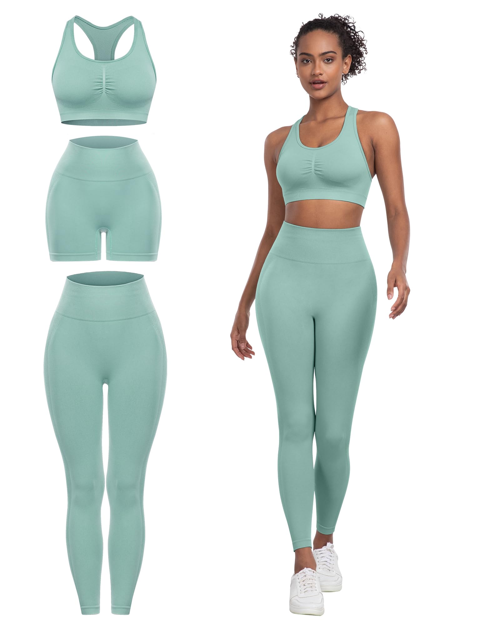 Photo 1 of SALSPOR 2 Pieces Only---Workout Sets for Women Butt Lifting Leggings with High Impact Sports Bra Gym Shorts(3DWX-Mint Green-S)