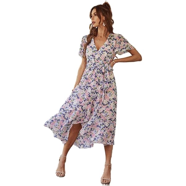Adrianna Papell Women's Watercolor Floral MIDI Dress, Dusty Blue Multi, 16  at Amazon Women's Clothing store