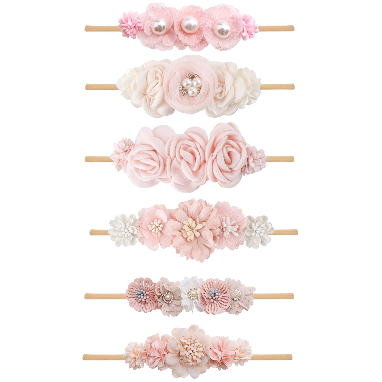 Photo 1 of OOSAKU Baby Girl Flower Headbands Set Elastic Floral Headbands 6pcs Soft Nylon Hair Band for Newborn Toddler Hair Accessories
