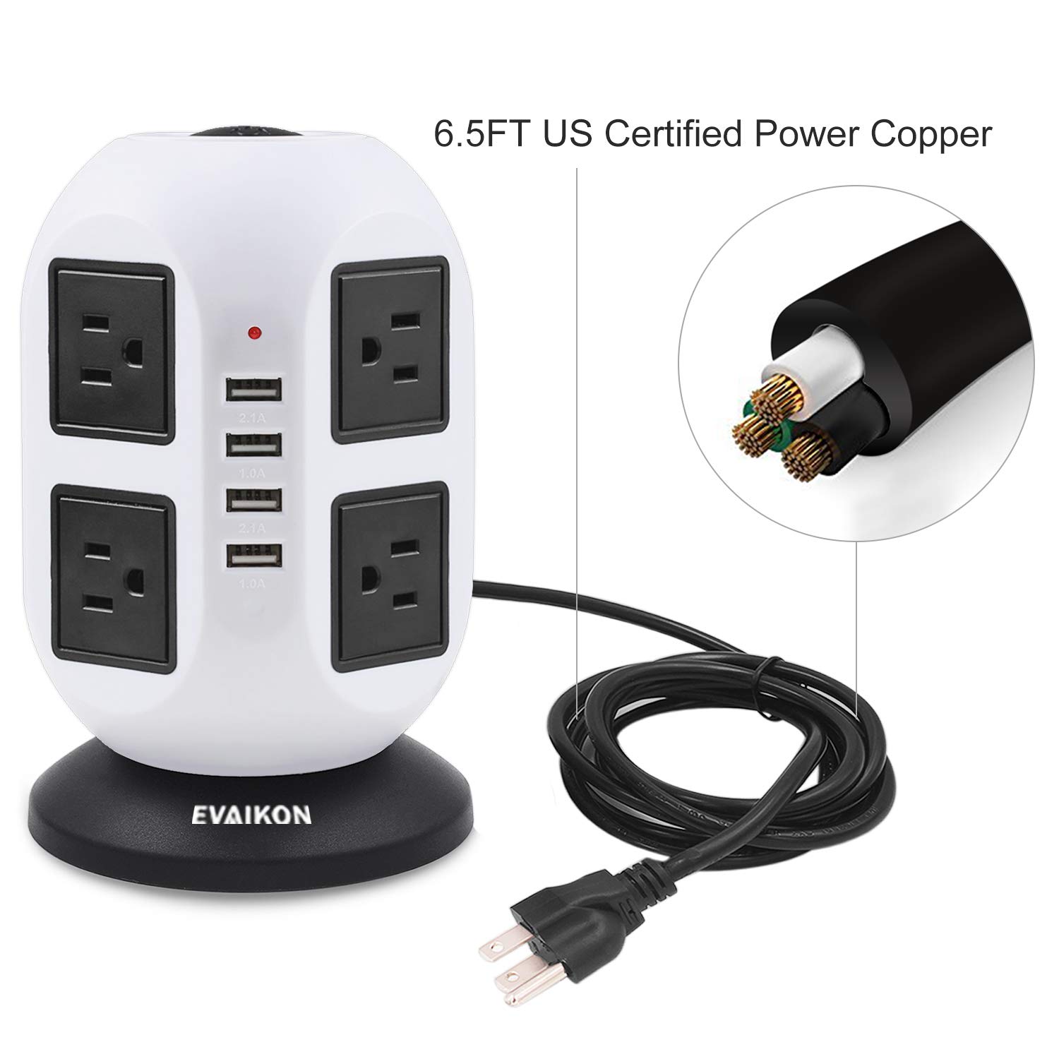 Power Strip Tower - EVAIKON Extension Cord with 8 Outlet 4 USB Ports 3000W/13A Surge Protector Electric Charging Station +6.5FT Wire Universal Socket for Home Office