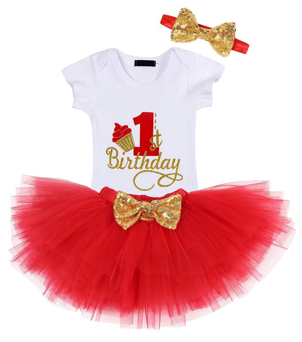 AmzBarley Cake Smash 1st Birthday Outfit Girl Baby Girls' Dresses 1 Year Old Girl Clothes Photo Shoot Romper + Tutu Skirt + Headband 3Pcs Set Red