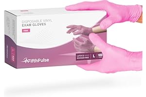 FifthPulse White and Pink Vinyl Disposable Gloves 100 Pack - Powder and Latex Free Medical Exam Gloves