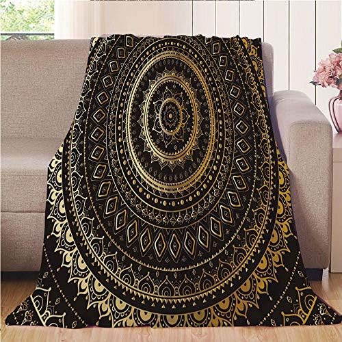 Blanket Comfort Warmth Soft Cozy Air Conditioning Fleece Blanket Perfect for Couch Sofa Or Bed,Gold Mandala,Indian Decorative Motif Symbol of Universe in Balance Oriental Flora Decorative,Gold Black Y