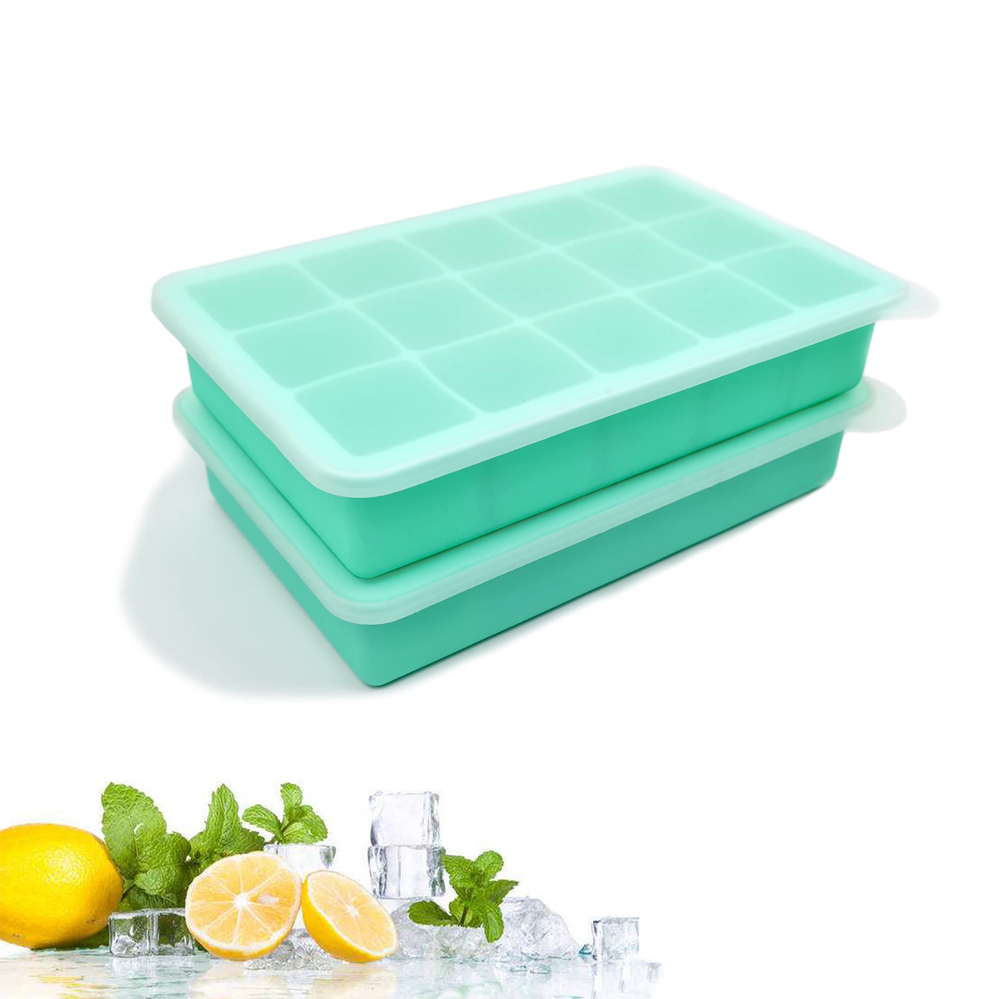 Photo 1 of 2 Pack Silicone Ice Cube Trays, Easy Release Flexible-15 Cubes Ice Cube Molds,Silicone Ice Cube Molds with Removable Lids for Cocktail, Whiskey, Baby Food, Chocolate-Reusable (Mint Green)