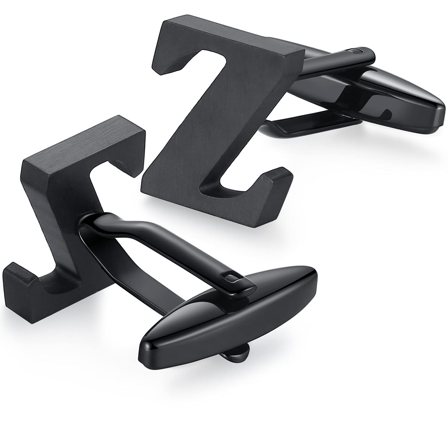 HONEY BEAR Mens Initial Alphabet Letter Silver White Steel Wedding Formal Business Cufflinks (Z-Black)