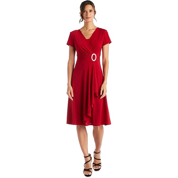 R&M Richards Women's Cascade Wrap Dress with V-Neck & O-Ring Rhinestone  Buckle, Work to Weekend Short Sleeve Flowy Silhouette at Amazon Women's  Clothing store