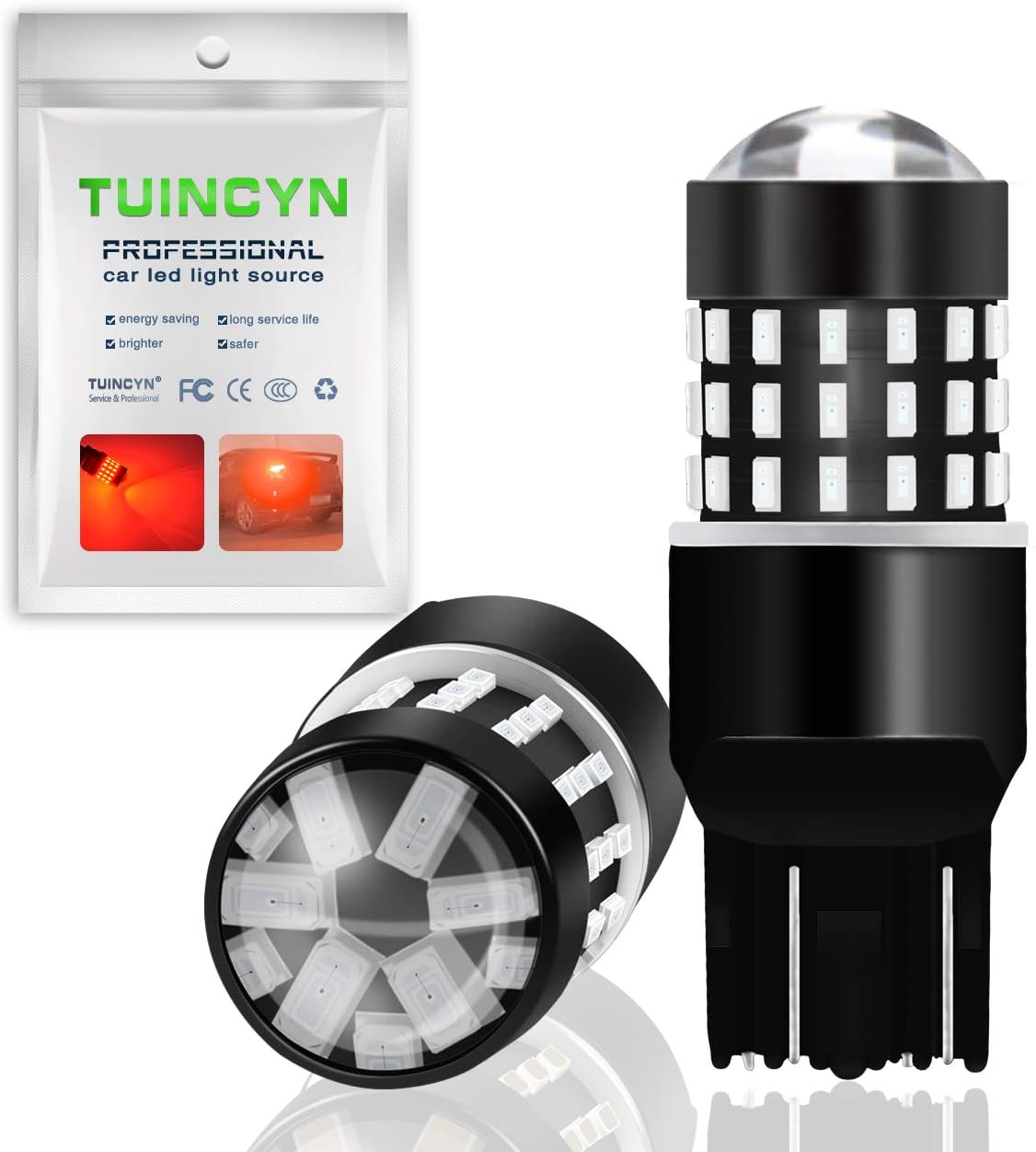 TUINCYN 7443 7440 T20 7444NA 992 LED Bulbs Super Bright 3014 54-EX Chipsets Backup Reverse Light, Parking Light, Daytime Running Light, Rear Trun Signals Light, Tail Light, Brilliant Red (2-Pack)