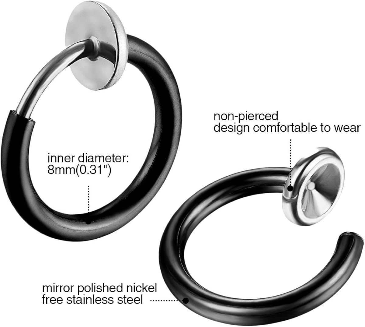 Oidea 6pcs 8MM Stainless Steel Hoop Non Pierced Fake Earrings Nose Rings for Tragus,Cartilage,Gold,Silver,Black - Image 3