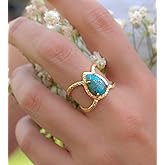 Gold Rings for Women Luxury 18K Gold Set with Water Drop pear Shaped Turquoise Ring Party Engagement Ring Cut Natural Bohemia Turquoise Jewelry Engagement Party Band Rings Size 10