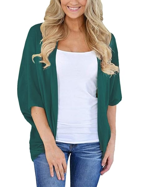 BB&KK KNIT CARDIGAN SWEATERS FOR WOMEN SOLID COLORS HALF SLEEVE OPEN FRONT COVER UPS GREEN MEDIUM