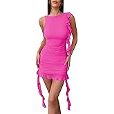 Essrite Womens Summer Sleeveless Crewneck Mesh Frills Ruffle Mini Bodycon Dresses Party Dress