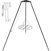 DPZM Campfire Tripod for Cooking with Circular Grill Grate | Round Grill Grate with Adjustable Height for BBQ Picnic Outdoor Cookware Party &amp; Collapsible Legs for Easy Storage