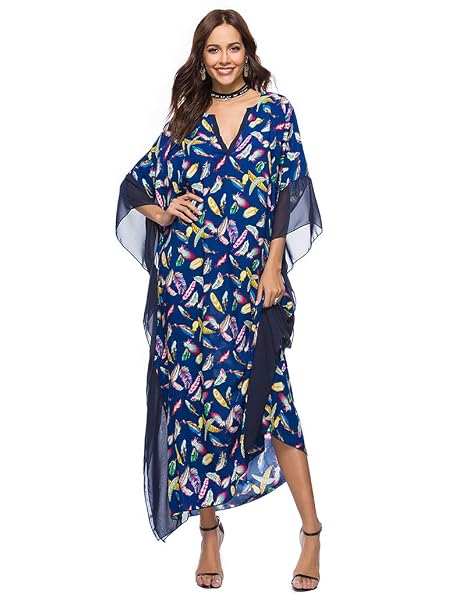 Exlura Womens Boho Floral Kaftan Dress Beach Tunic Long Maxi Dress Beach Cover Up Plus Size