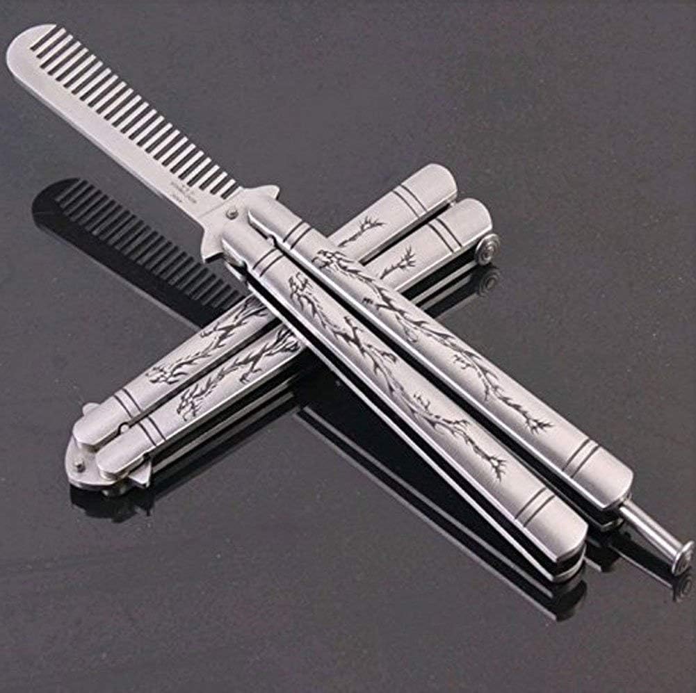 Kakasogo 1 pcs Dragon Totem Stainless Steel Practice Dull Butterfly Comb Knife Folding Blunt Rotatable Trainer Hand Safe Training Unsharpened Tool Set(Silver)