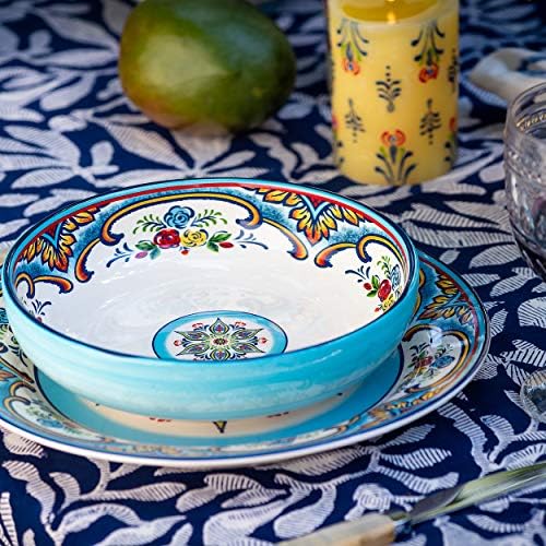 Colorful Zanzibar stoneware dinnerware set in a protective design.