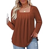 Womens-Plus-Size-Tops Dressy Pleated Square Neck Shirts Trendy Cute Long Sleeve Blouses Casual Loose Fit Tunics XL-5XL