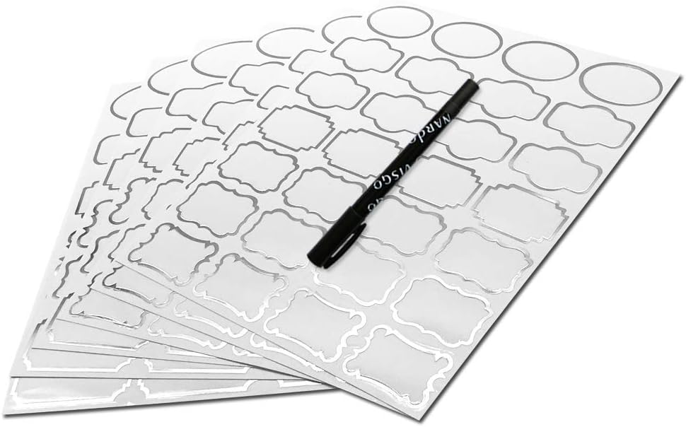 Nardo Visgo Clear Sticker Labels with Silver Border,Free Black Marker,Transparent Removable Waterproof Name Tags in Assorted Sizes for Storage Bins,Mason Jars,Food Container,Kids Daycare,138pcs