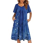 Ekouaer Women's House Dress - Pleated Nightgown with Short Sleeves & Pockets