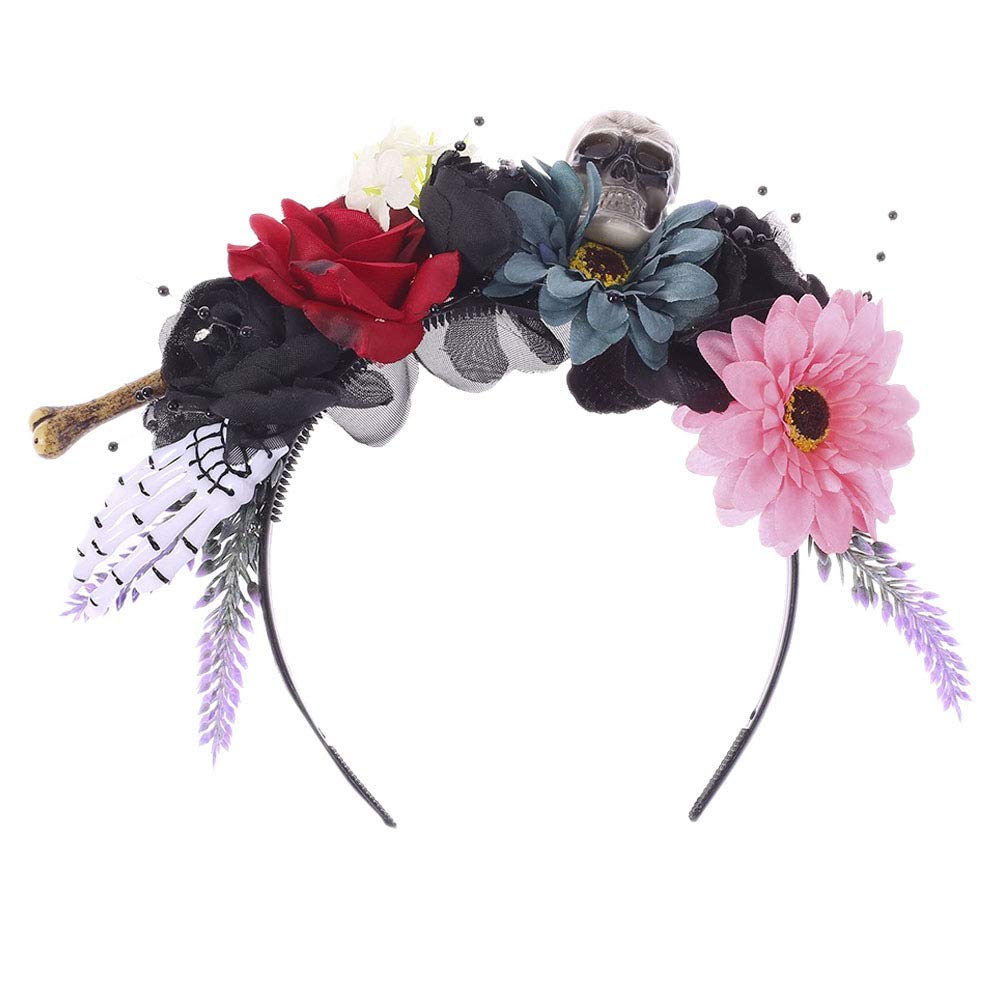 Lurrose Halloween Flower Crown Headband Mexican Rose Flower Crown dia de los muertos Day of The Dead Headband Skull Headpiece Headwear (Colorful)