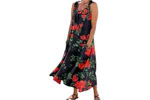 RDEGOOCHA Women 2024 Summer Tank Dress Sleeveless U Neck Printed/Solid Boho Beach Shirt Maxi Flowy Linen Cotton Dresses with Pocket