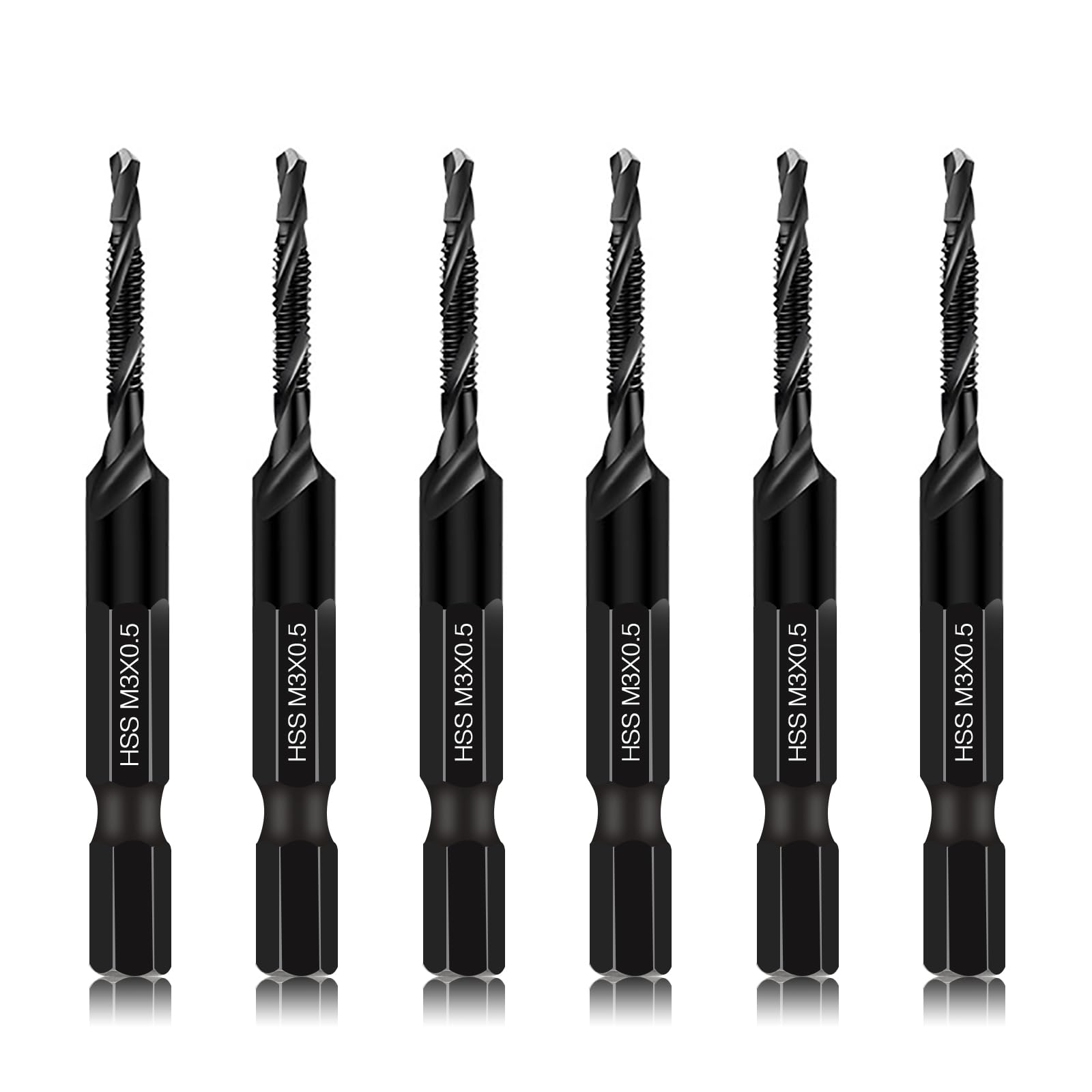 Photo 1 of DKIBBITH 6 Packs M3 Combination Drill & Taps Bit Set, Screw Tapping Threading Tools in Size M3*0.5 with Anti-Rust Black Coating, 1/4" Hex Shank and Storage Case