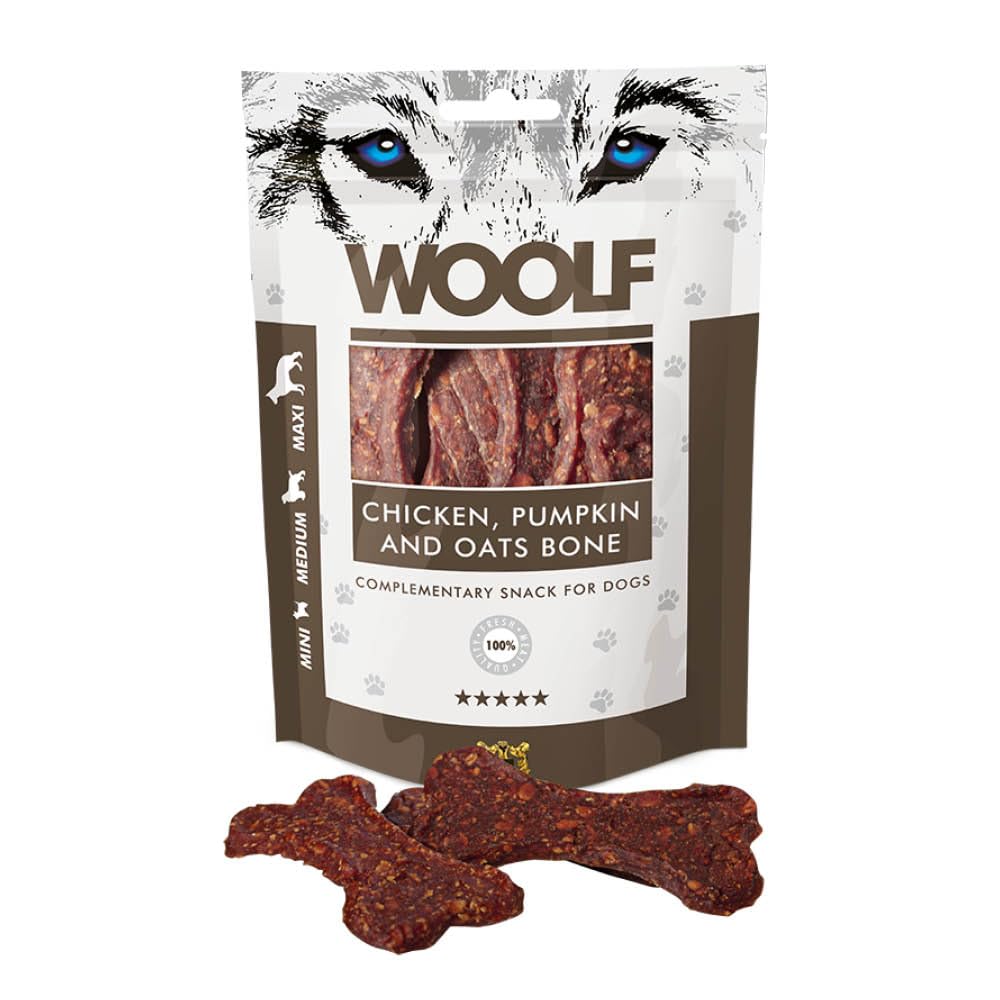 WOOLF Chicken, Pumpkin and Oats Bone - Complementary Snacks for Dogs. Dog Treats with All-Natural Ingredients, High Meat Content, Free from Artificial Additives. Suitable for Dogs (100g)