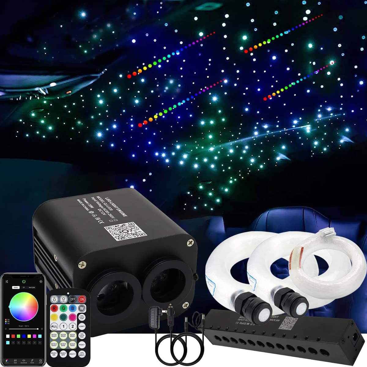 Callsky Dual Color 20w Twinkle Fiber Optic Starlight Headliner Kits 600pcs 0.03in 9.8ft, RGB Meteor Shooting Star, Sound Activated Remote APP Control Home Car Ceiling Headliner Décor