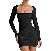 LCNBA Women's Long Sleeve Square Neck Ruched Bodycon Mini Dress