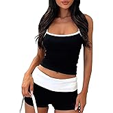 RUEWEY Womens 2 Pieces Paiamas Set Color Block Sleeveless Crop Cami Top and Fold Over Shorts Pjs Loungewear