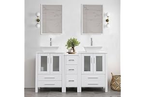 UEV 60" White Bathroom Vanity Set, Double Vanity with Double Vessel Sink Combo and Removable Side Cabinet,with Mirror (A07)