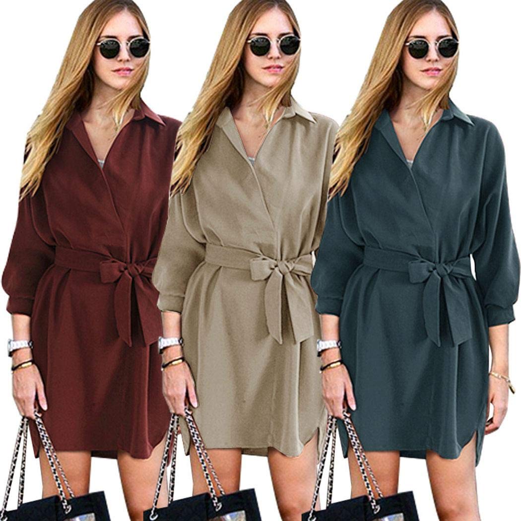 XioNiu Women Casual Turn-Down Collar 3/4 Sleeve Solid Lace-up Irregular Hem Dress Dresses Dark Green