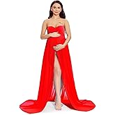 ZIUMUDY Maternity Chiffon Strapless Maxi Photography Dress Split Front Gown for Photoshoot