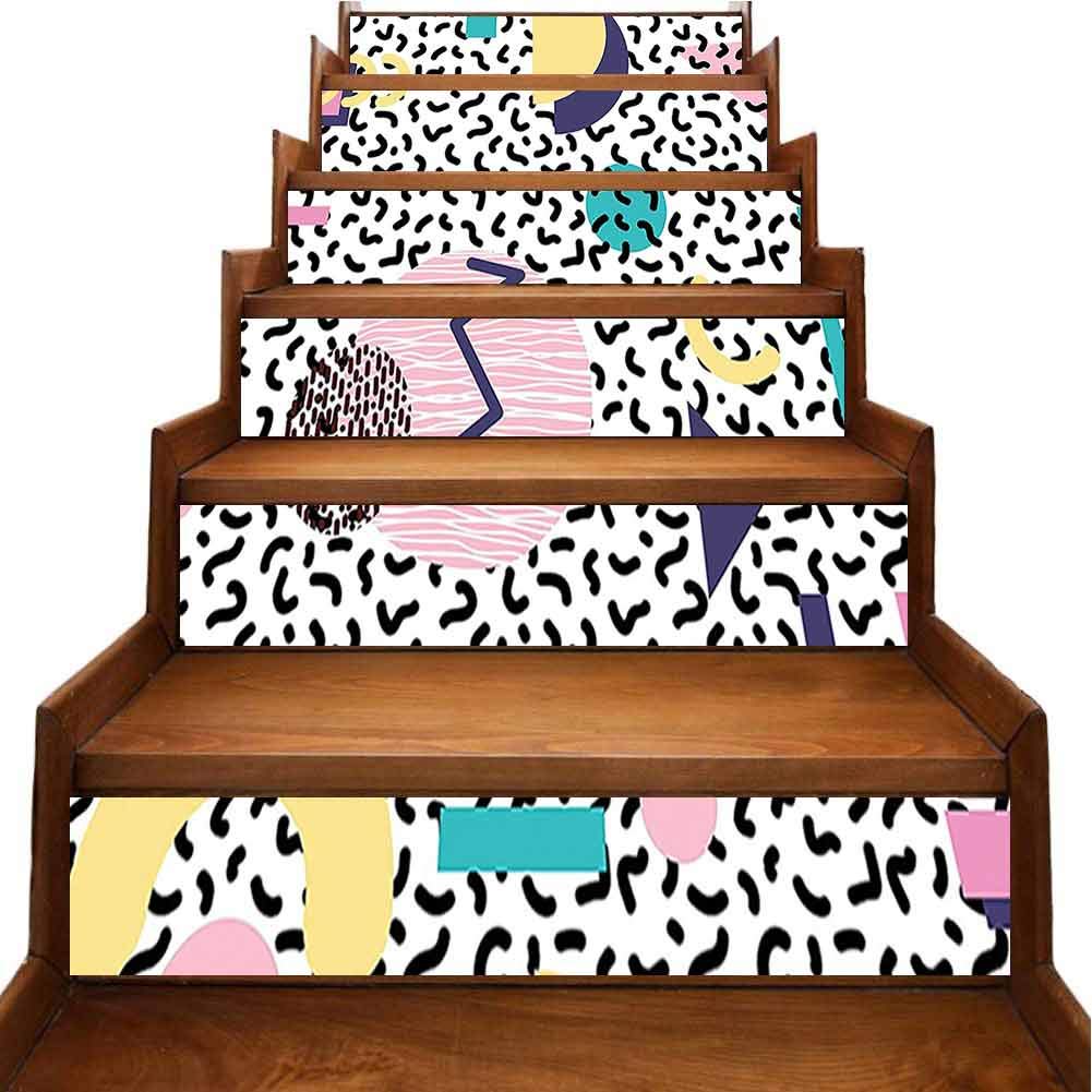 Removable Decals Stickers Geometric Pattern in Retro Style with Round Half Moon Triangle Shapes Trendy Art Removable Stair Decals Stickers Home Decal Wallpaper Decoration, W39.3 x H7 inch