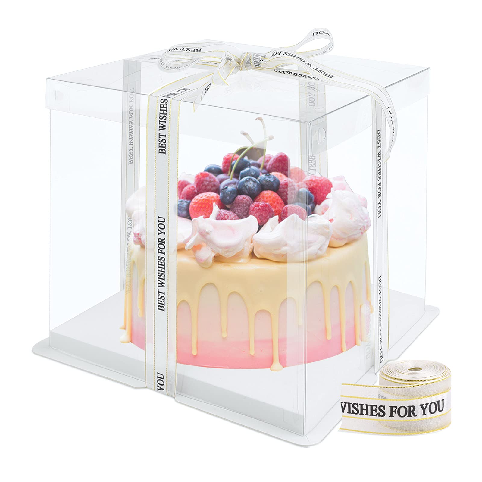 Hileyu Transparent Cake Box Plastic Gift Box with Lids Double Layer Cake Box Transparent Cube Box with Ribbon Base Bakery Packaging Box for Dessert 6 Inch